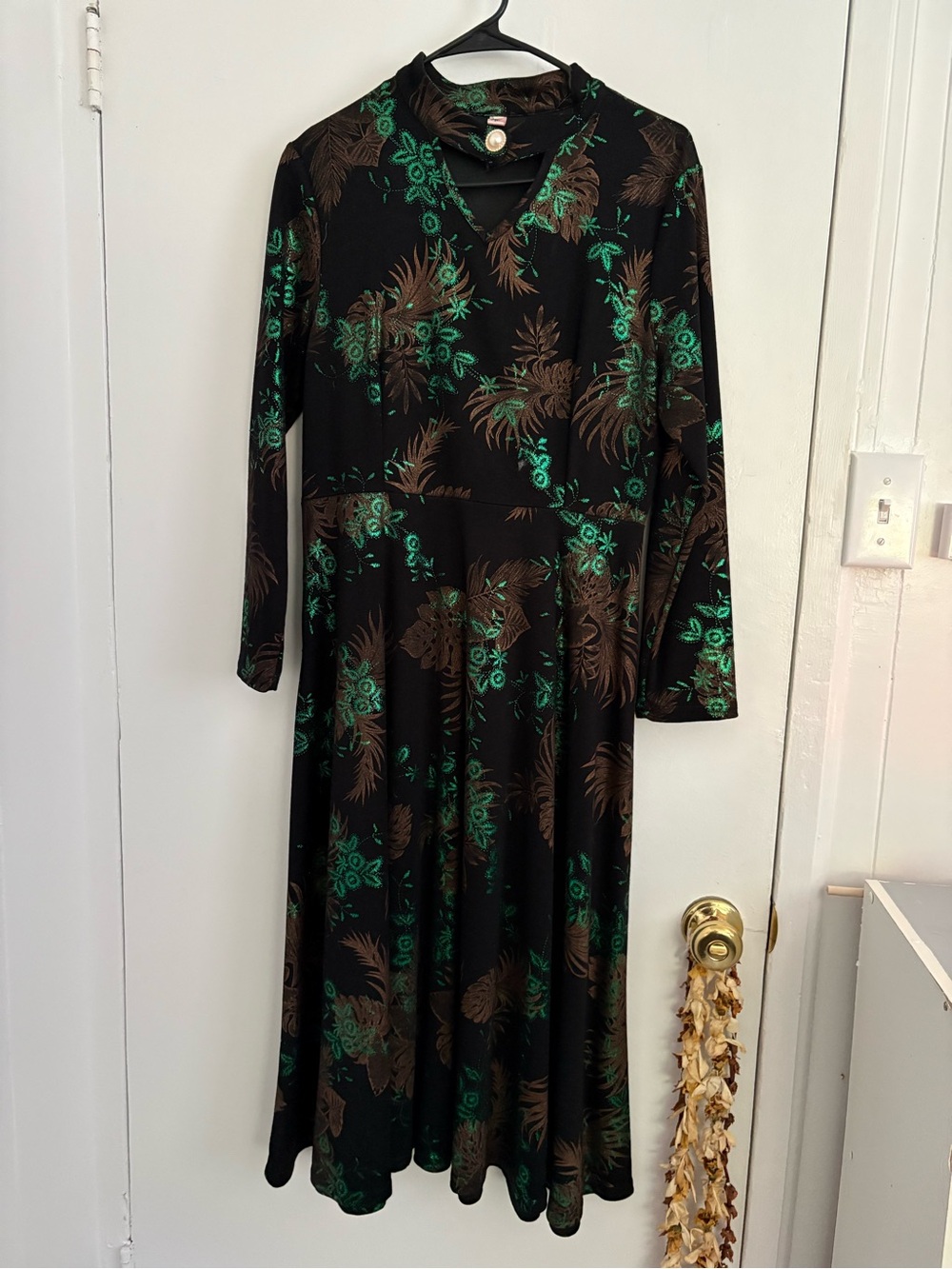 Black Long-Sleeve Floral Wrap-Style Midi Dress in Green and Brown